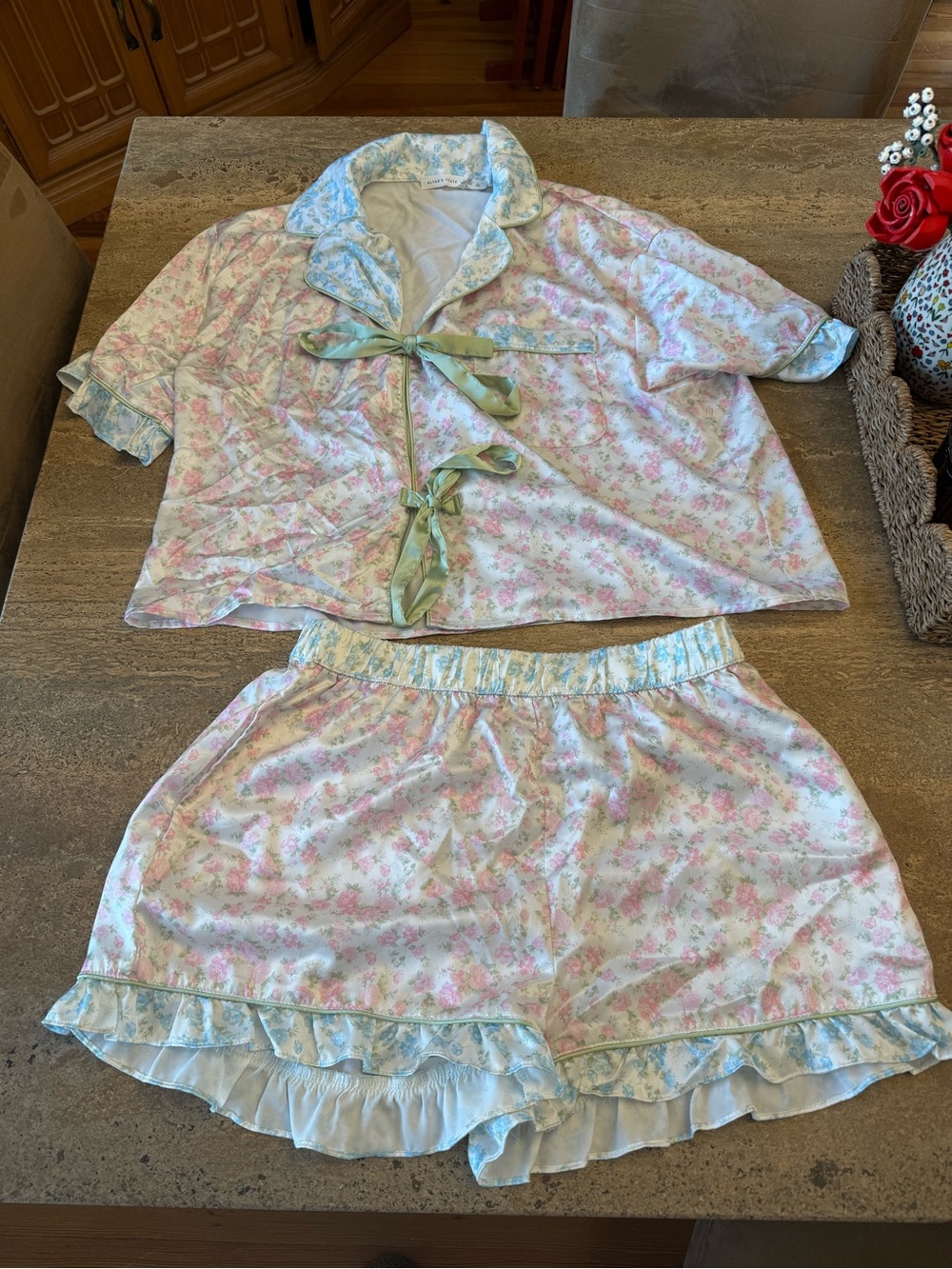 Altar'd State Pastel Floral Satin Two-Piece Pajama Set with Green Ribbon